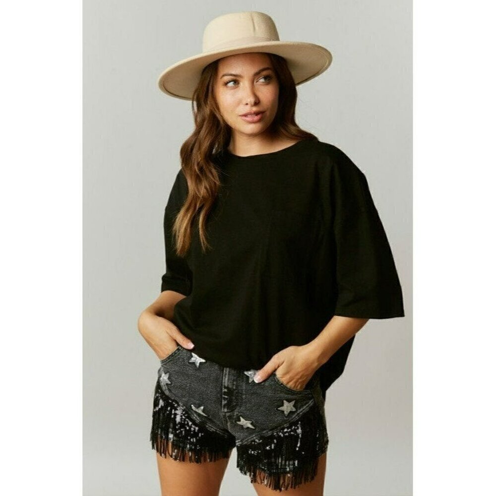 Oh My Starlight Sequin Patch Black Shorts With Fringe - Picture 5 of 7